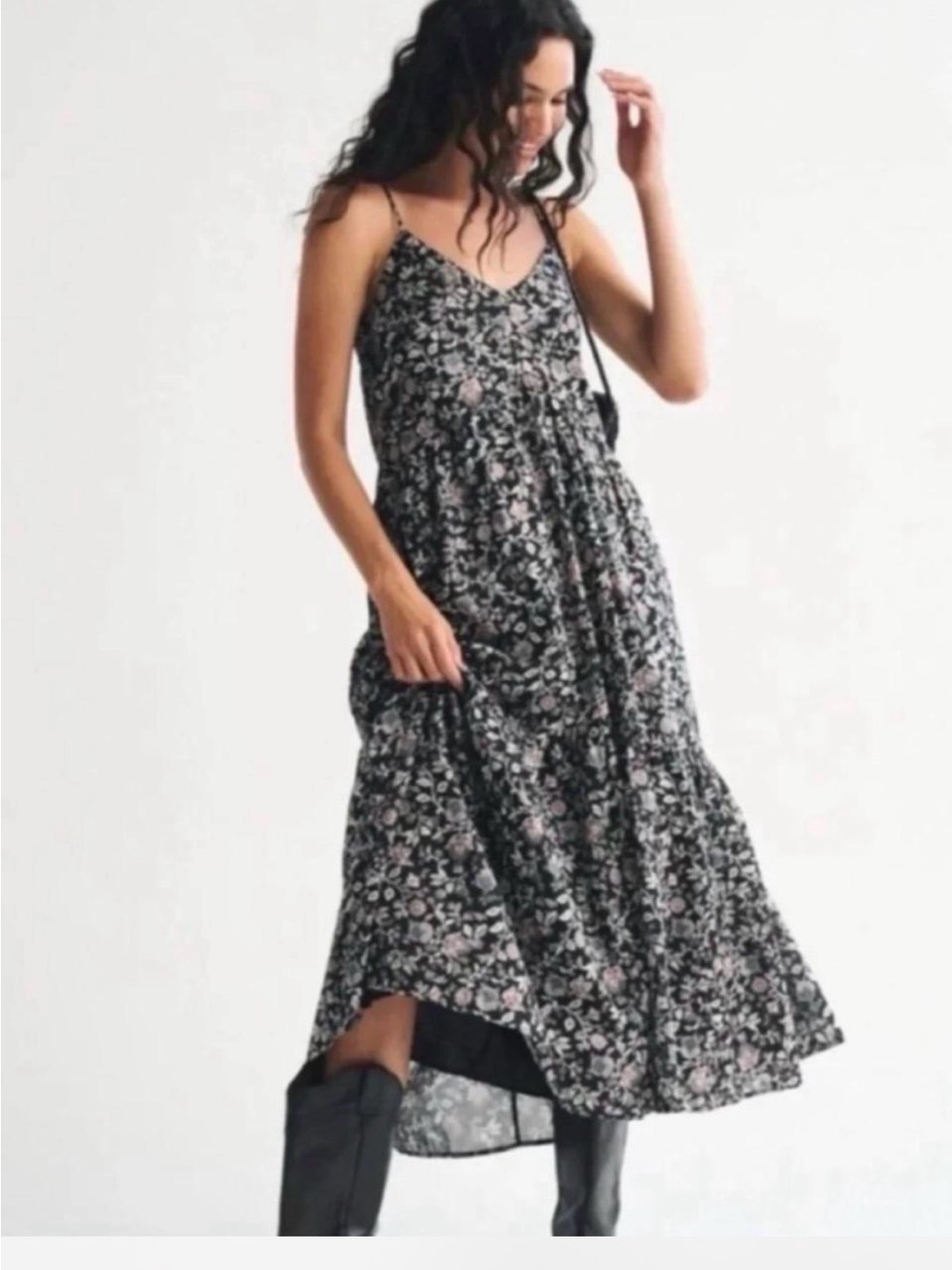 Abercrombie & Fitch Black Floral Spaghetti-Strap Maxi Dress L